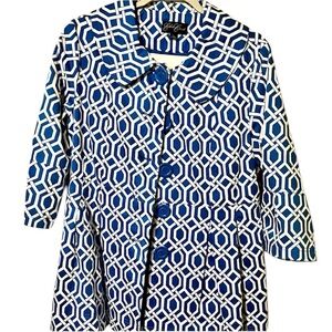 Chic Blue & White Geometric Trench Coat